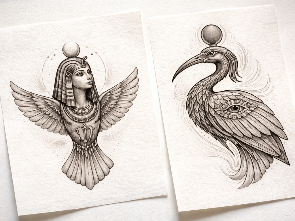 Two side-by-side tattoo design closeups: human-headed ba-bird with soul cues and Egyptian ibis style.