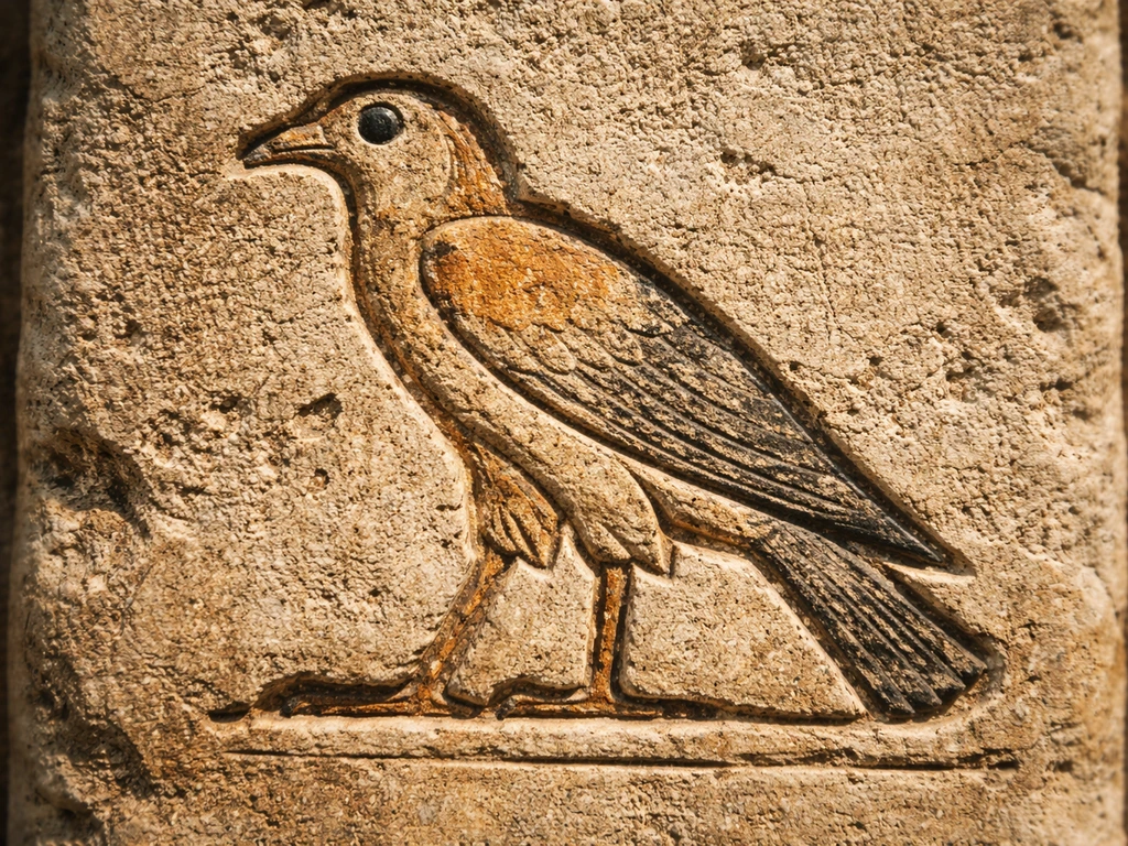 Close-up of a carved Egyptian bird hieroglyph on a temple stela, stone texture and pigment remnants visible.