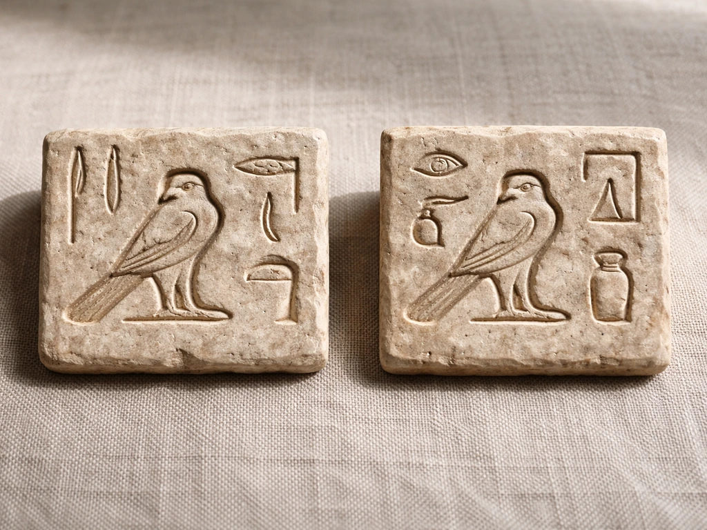 Two side-by-side carved Egyptian bird hieroglyphs on stone tablets showing different surrounding context.