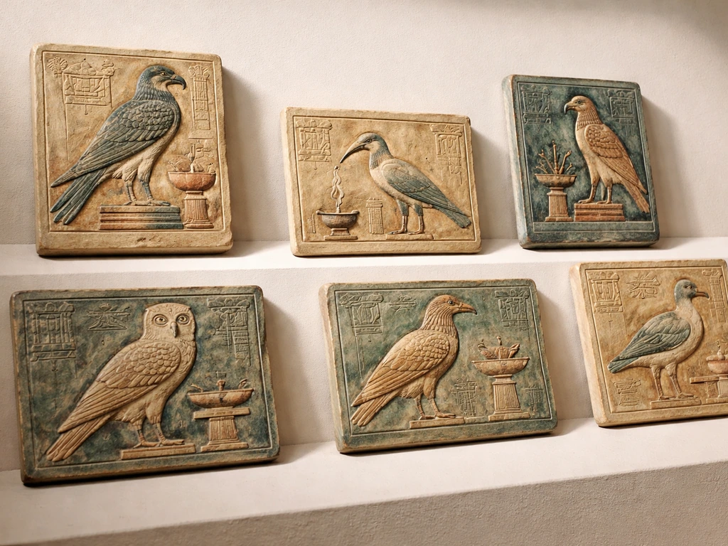 Museum-style montage of simplified ancient Egyptian bird art plates with falcon, ibis, and offering motifs