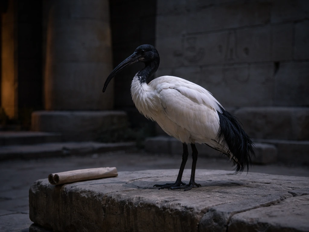 Sacred ibis perched beside an ancient stone slab with faint moonlight over a dim temple courtyard.