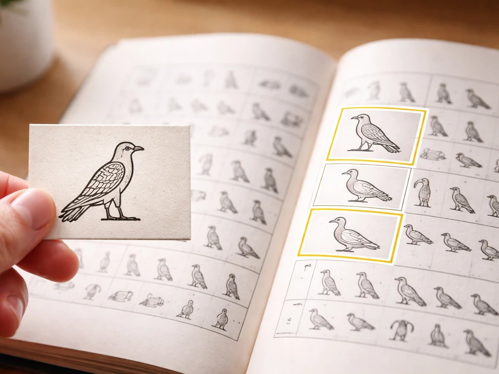 Close-up of a bird hieroglyph card beside an open sign list chart page with highlighted matching cues.