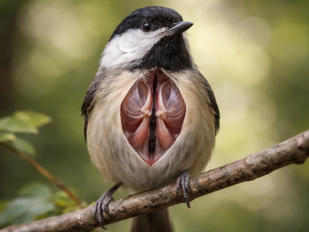Close-up of a small songbird with an exposed, anatomically accurate syrinx area showing where bird song is produced