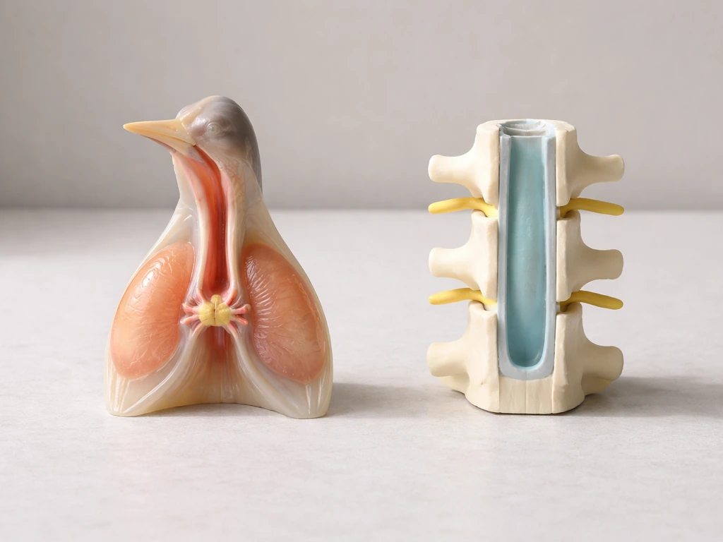 Minimal photo-style scene showing a small bird throat area with a separate spinal canal cavity model, side by side conce