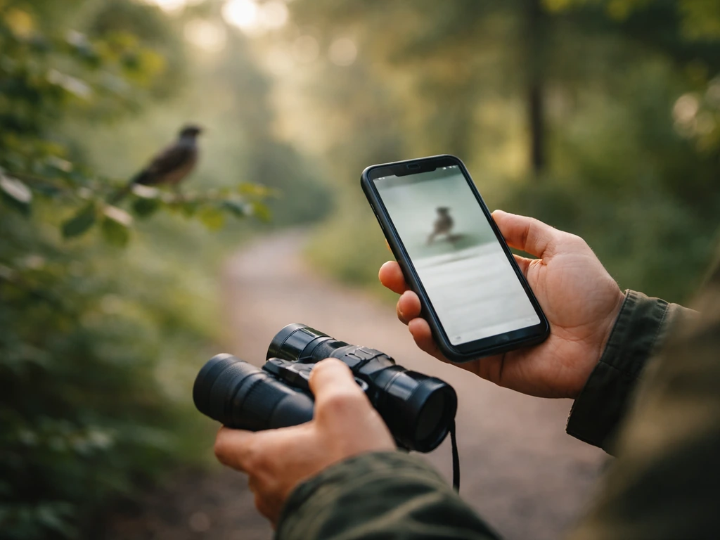Hand holding a phone with a bird ID match while a blurred bird perches in a quiet forest.
