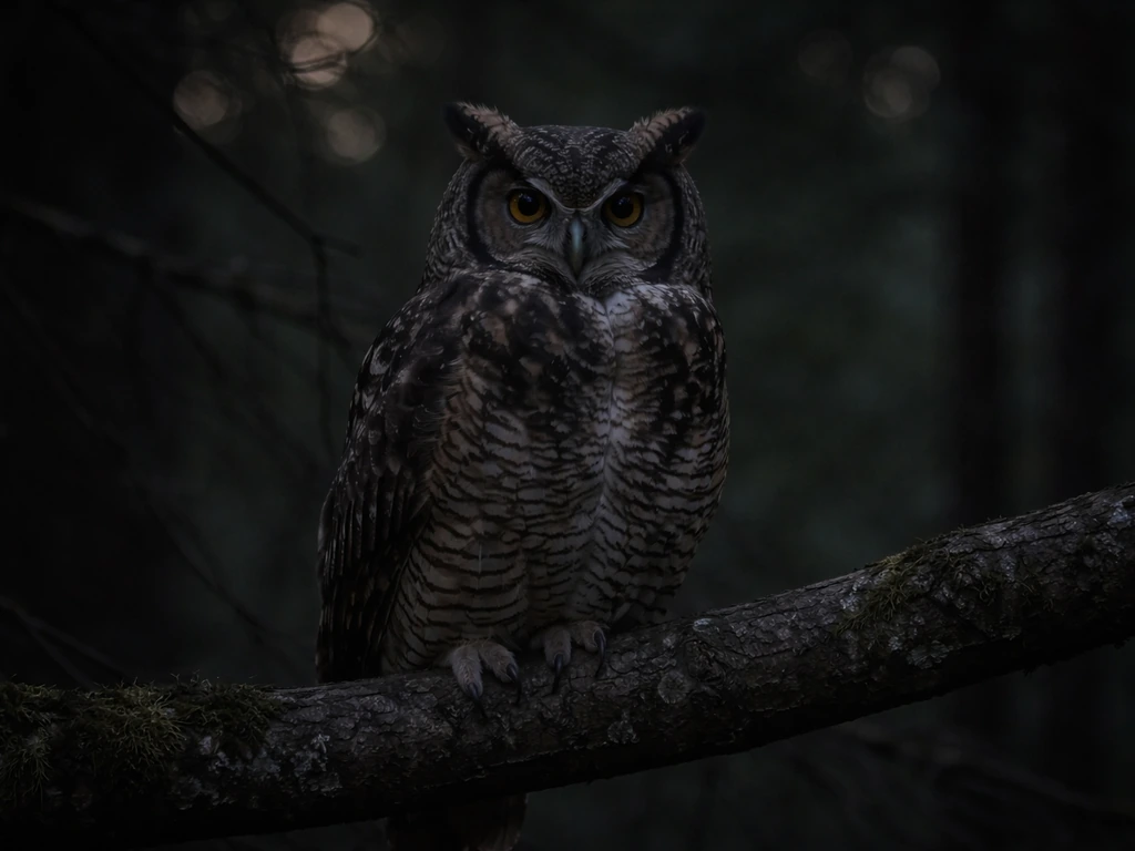 A dark owl perched on a branch in dim light, softly lit against a shadowy background.