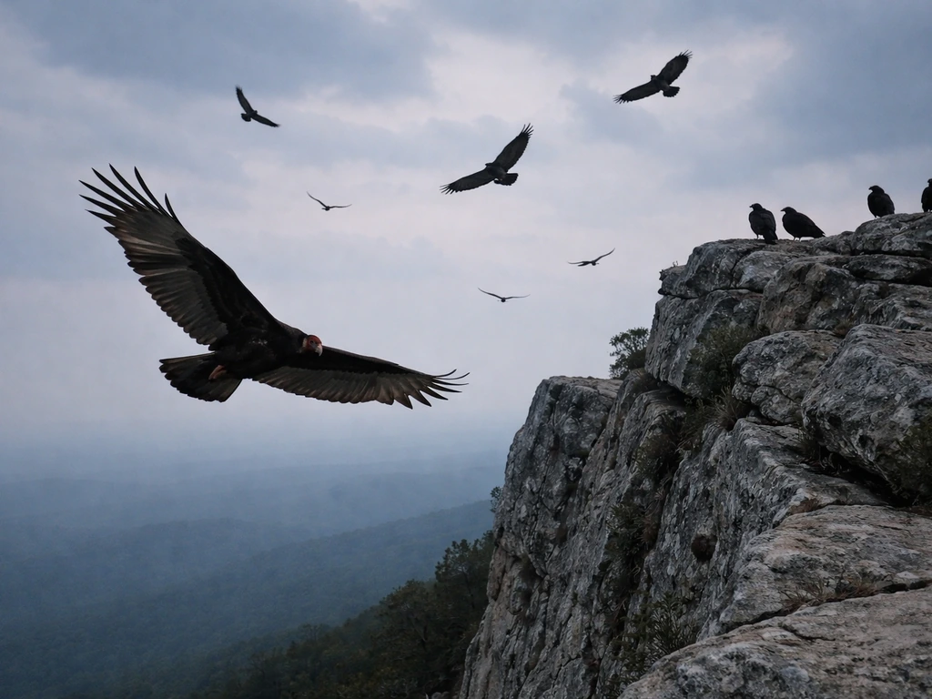 Several vultures wheeling and gathering over a rocky cliff at dusk, suggesting ominous endings symbolism.
