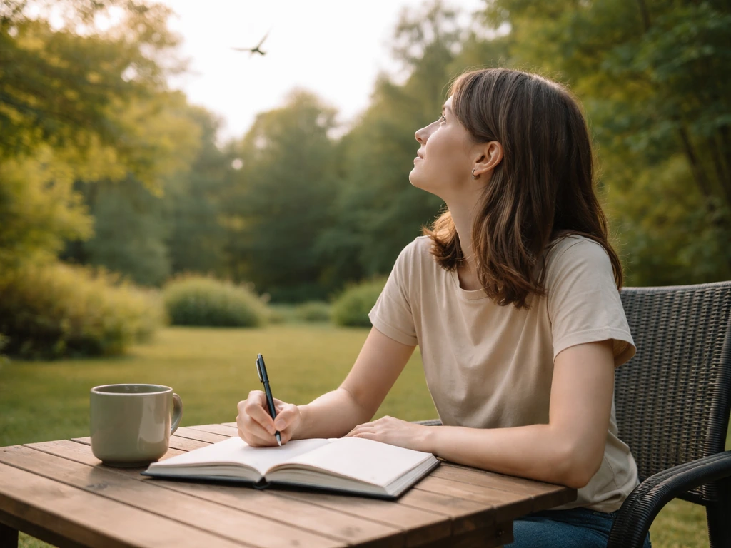 Person calmly writing outdoors near a small table after seeing a bird, looking toward where it flew.