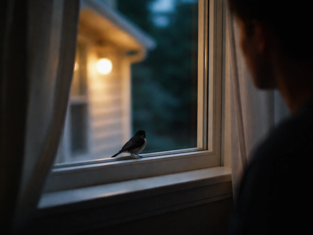 A black bird perched on a window ledge as a person inside pauses nearby, quiet and minimal.