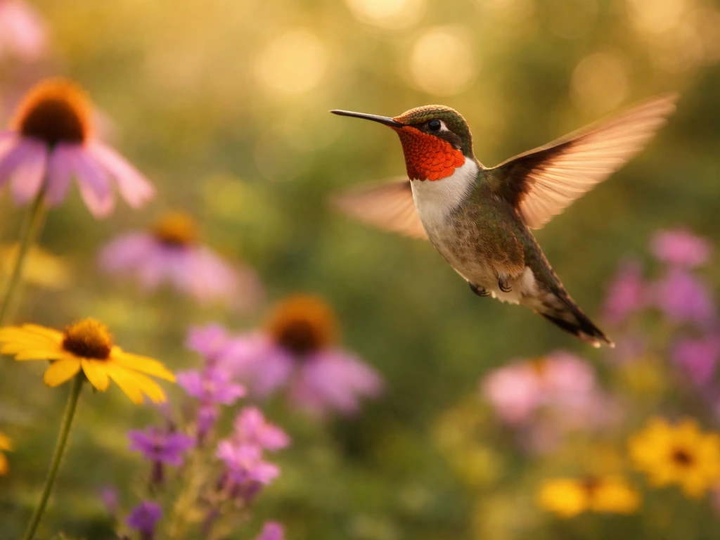 Vibrant hummingbird hovering near softly blurred wildflowers in warm, prayerful light.