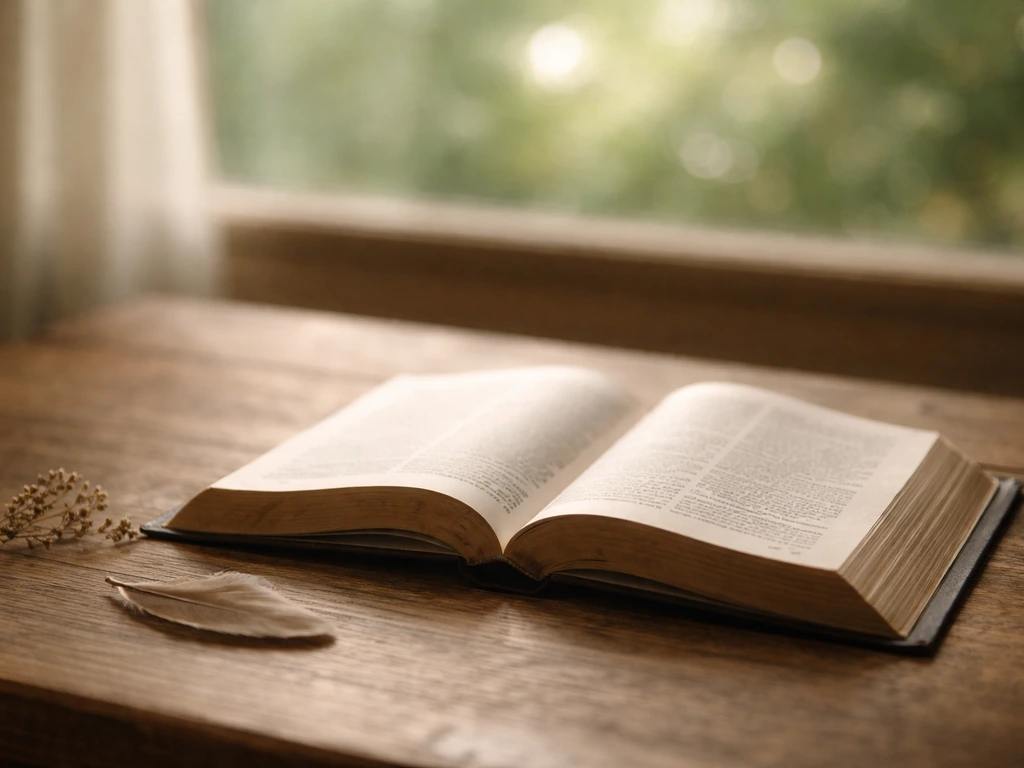 Open Bible on a wooden table with a small feather and subtle bird element nearby.