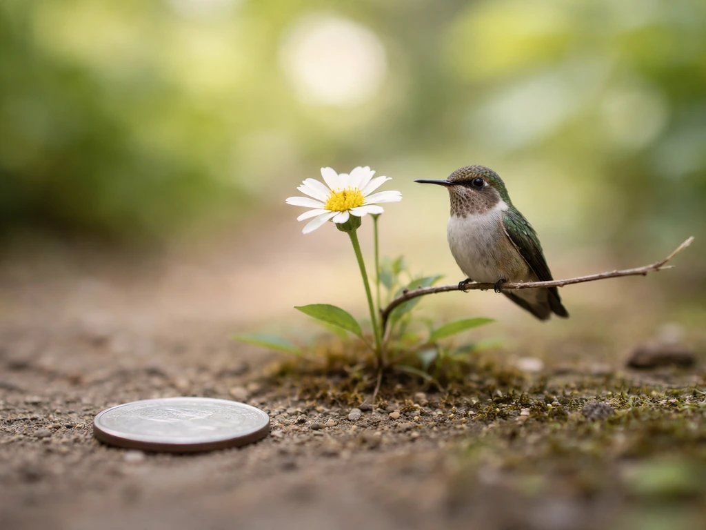 Tiny hummingbird perched on a twig near a coin for scale in soft natural light.