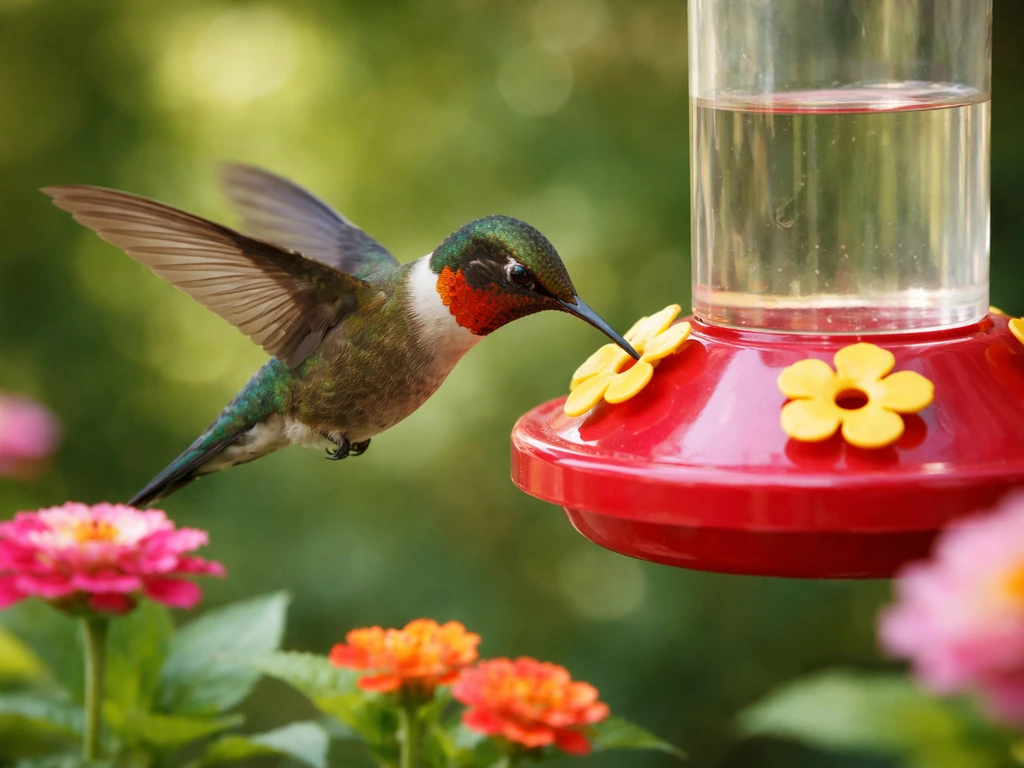 Hummingbird hovering by a nectar feeder with bright flowers in a softly blurred garden background.