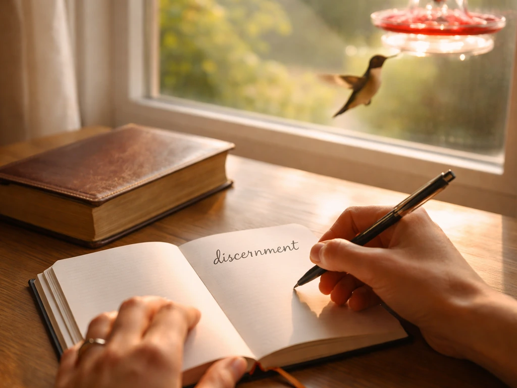 Hands writing in a journal beside a Bible while a hummingbird hovers at a window feeder.