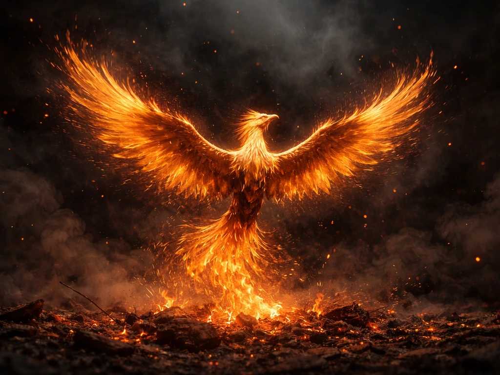 A phoenix rising from glowing ashes in the center of a dark, smoky background