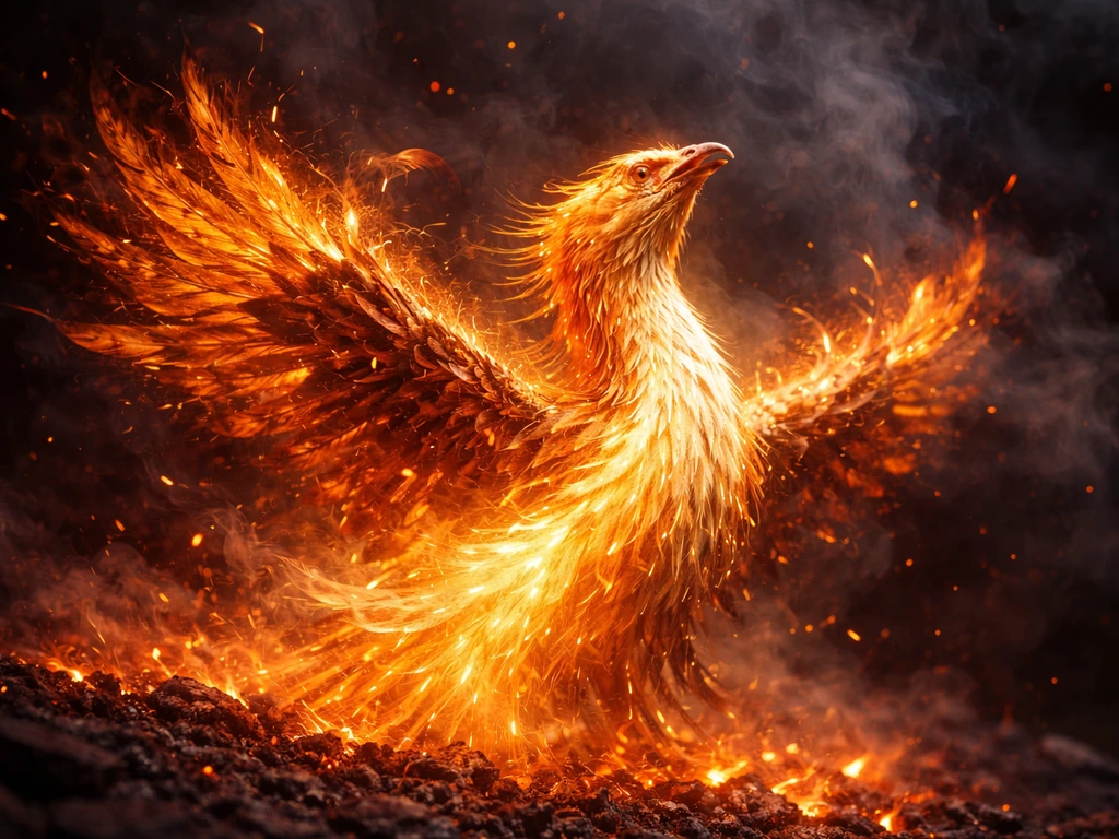 Close-up phoenix emerging from embers as burning feathers transform into new life.