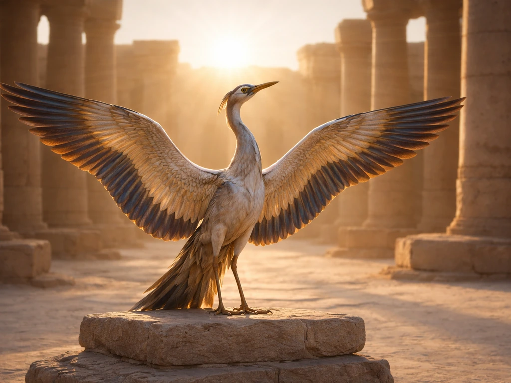 Iconic Egyptian-style phoenix with a solar glow over Heliopolis-inspired columns and desert sands
