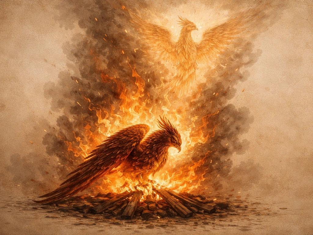 Phoenix burning on a small pyre with flames and smoke, rising as glowing embers drift upward.