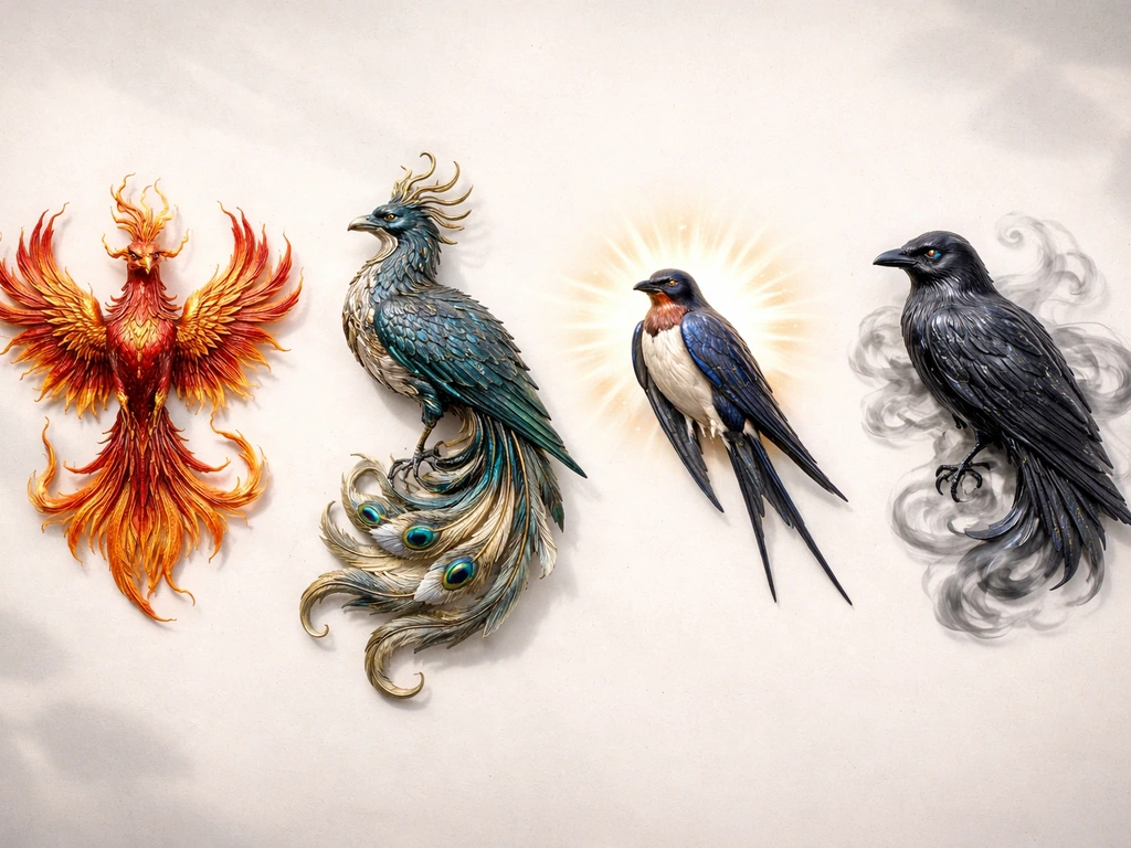 Four different mythic “rebirth” birds arranged side-by-side on a plain tabletop, each with distinct visual traits.
