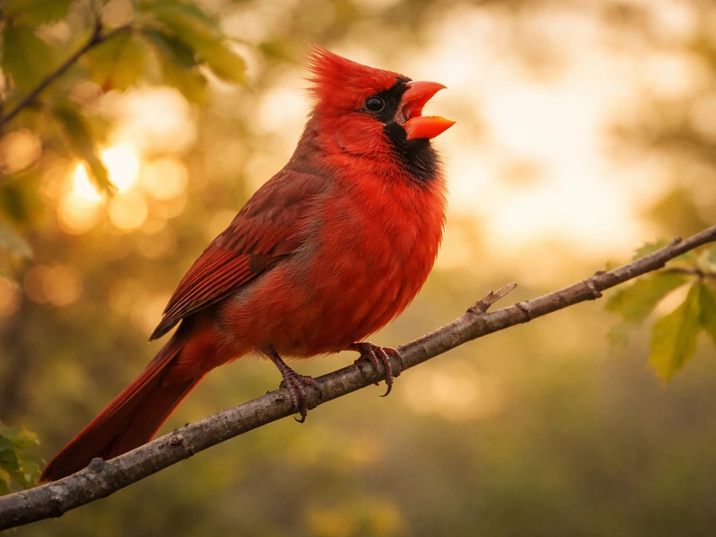 A vivid red northern cardinal sings on a branch at sunrise in soft morning light.