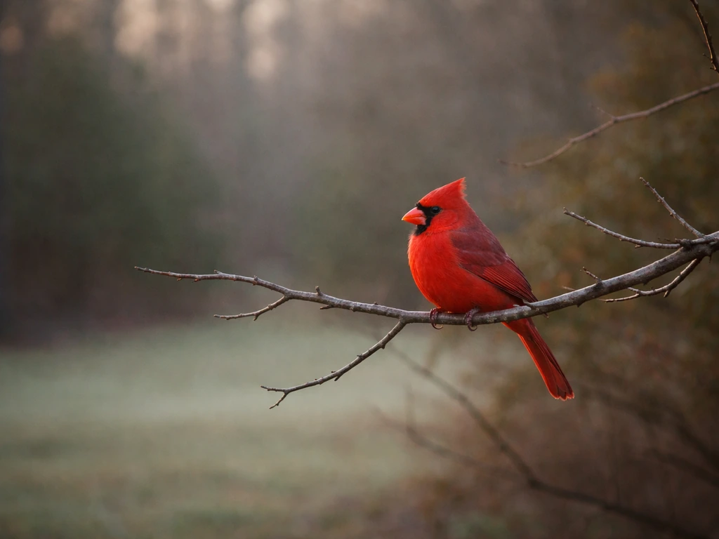 Northern cardinal perched on a branch in soft morning light, calm and comforting mood.