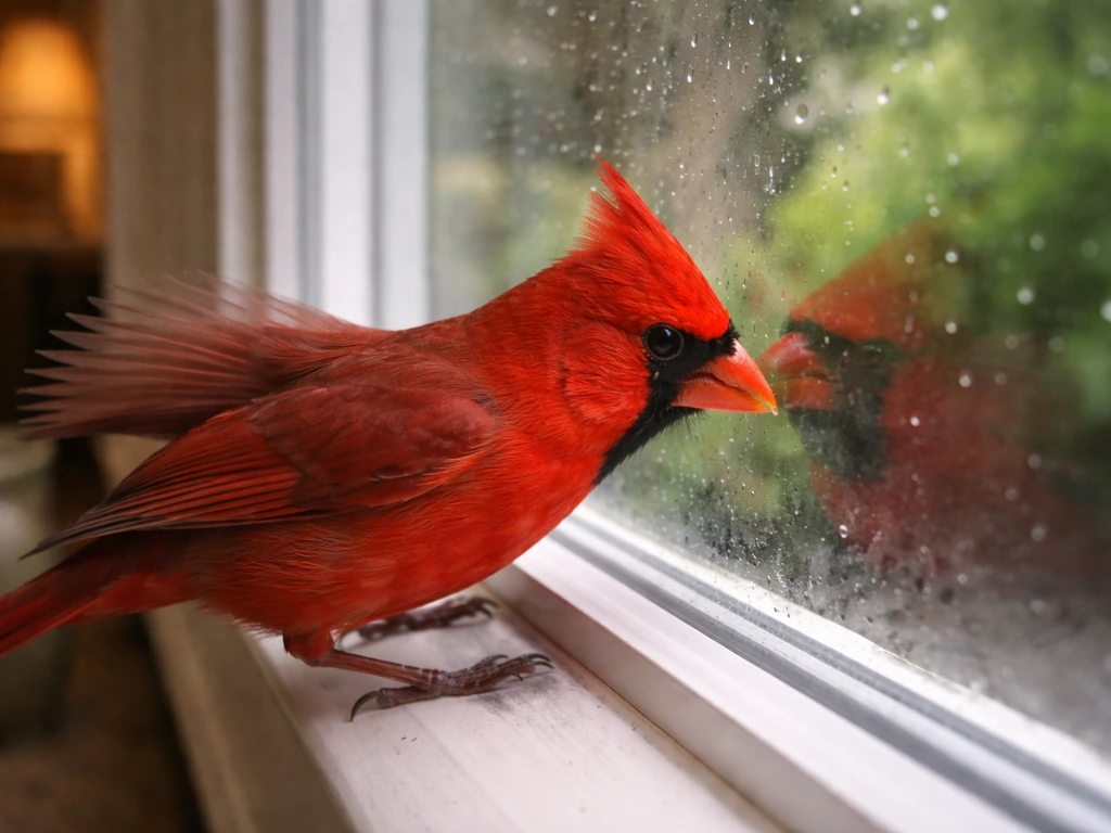 Red northern cardinal perched at a window, striking toward the glass as it repeatedly visits.