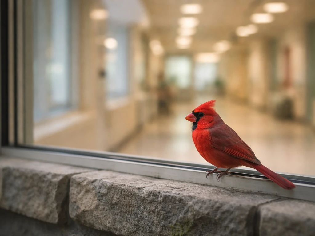 Red cardinal perched outside a hospital window in morning light, serene and comforting scene.