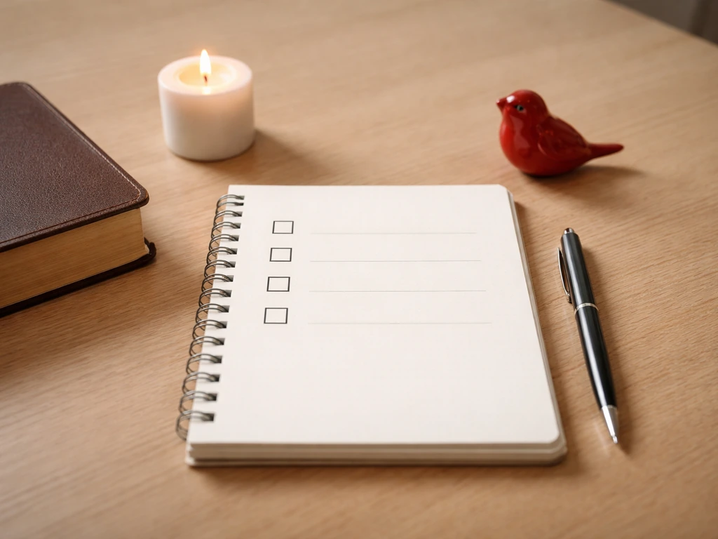 Open notebook with pen and Bible on a wooden table, with blank checklist boxes and quiet discernment cues.
