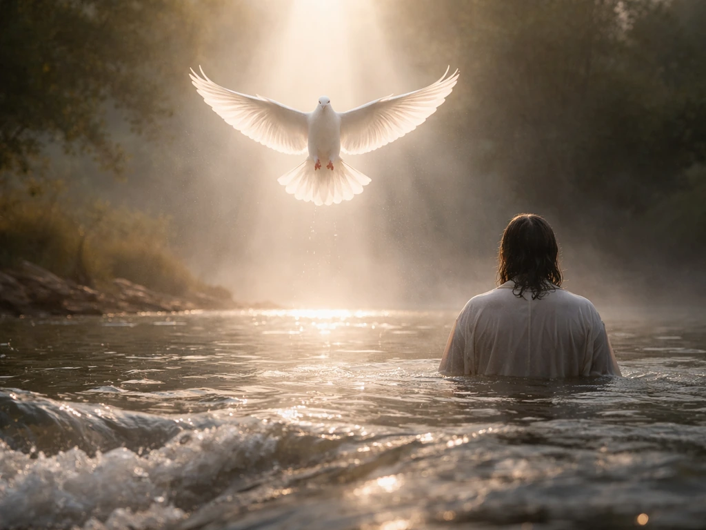 White dove descending above a quiet baptism scene with visible water and soft light.