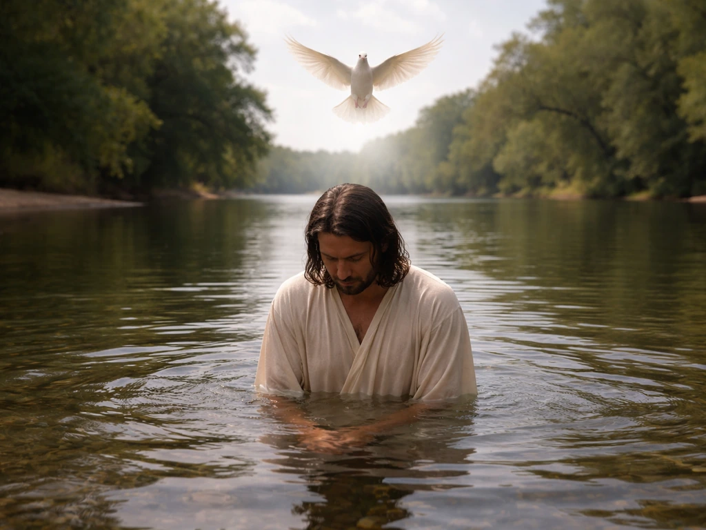 A white dove hovers above Jesus as he is baptized in clear flowing water.