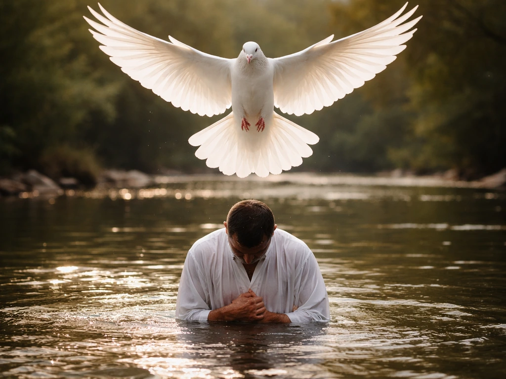 White dove descending with wings spread above a person being baptized in a river, vertical composition.
