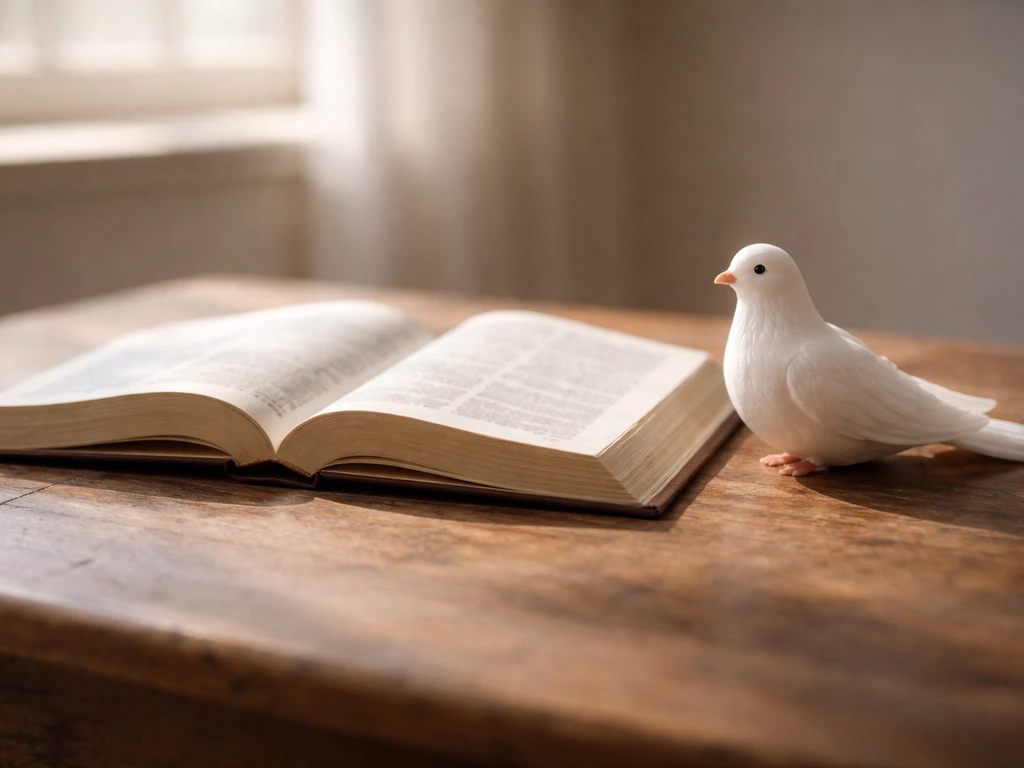 Open Bible on a wooden table beside a small white dove figurine, symbolizing checking a “bird-Jesus” claim.