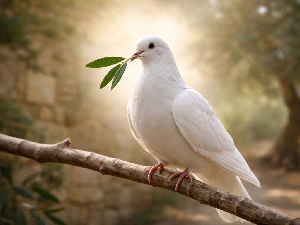 White dove holding a fresh olive leaf against a softly lit olive branch backdrop, with a subtle holy spirit glow