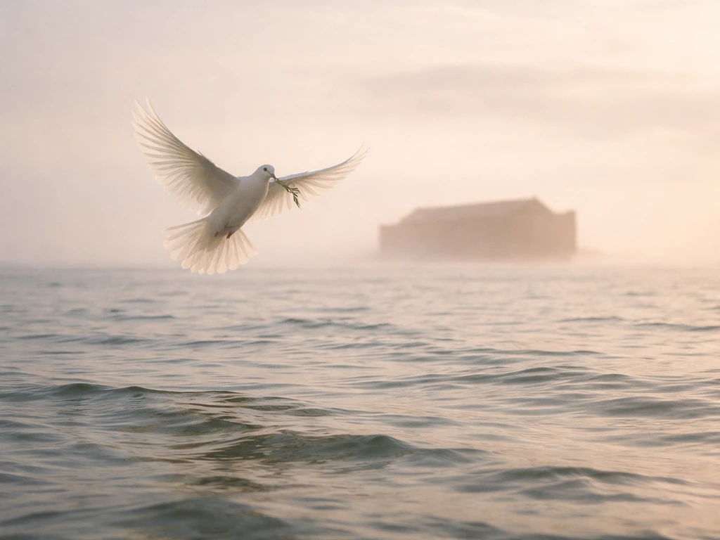 Single white dove flying over calm water with a distant, subtle ark-like silhouette in the background.
