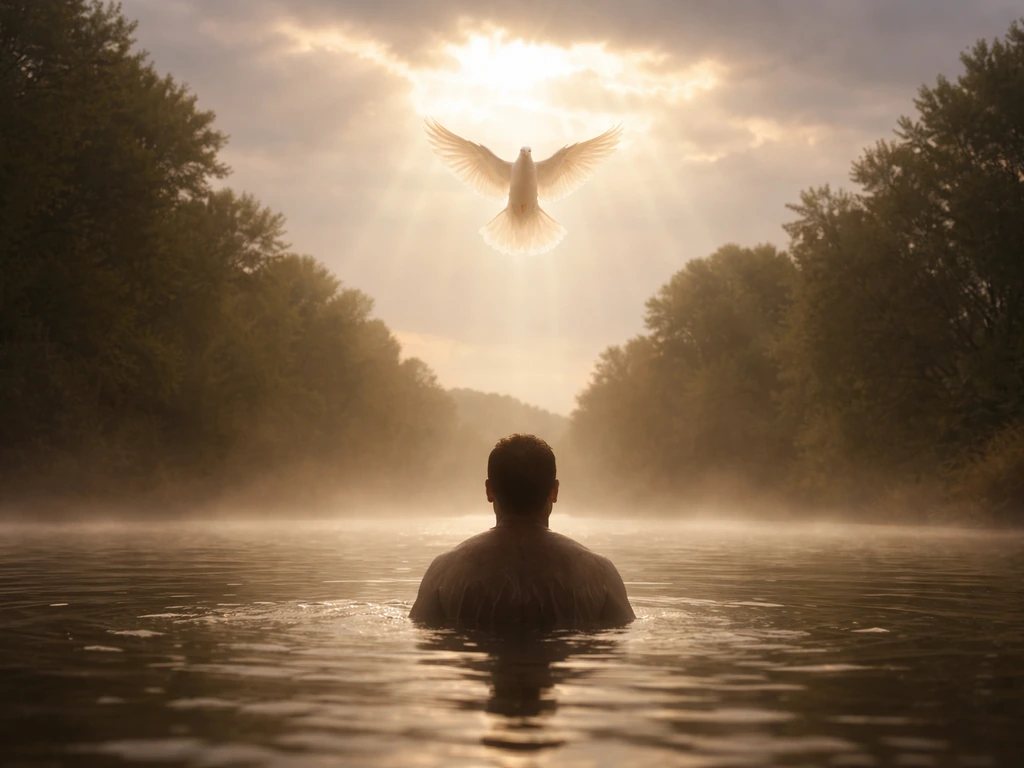 White dove descending from open heavens over a simple baptism scene in soft natural light.