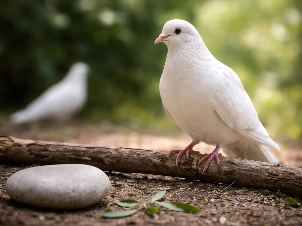 White dove perched on a branch with olive leaves and a stone, suggesting symbolism beyond “dove = peace.”