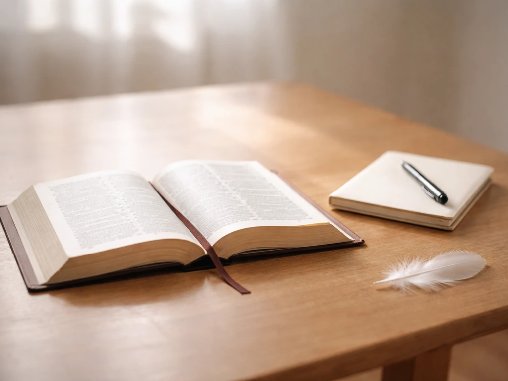 Open Bible with a bookmarked passage and a notebook for journaling beside it
