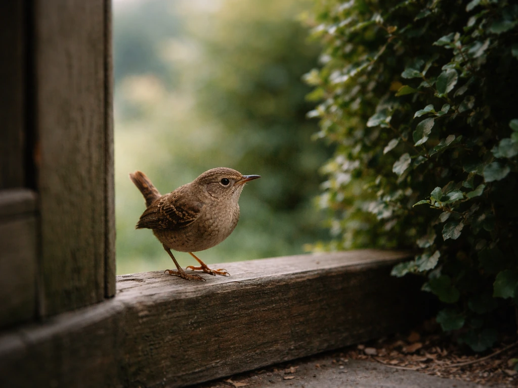 A small brown wren perched by a garden doorway near a hedge, in soft natural light.