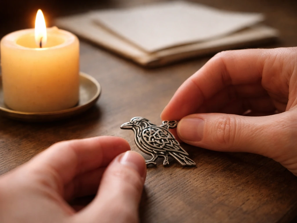 Hands place a Celtic bird charm beside a candle on a desk, setting an intention quietly.