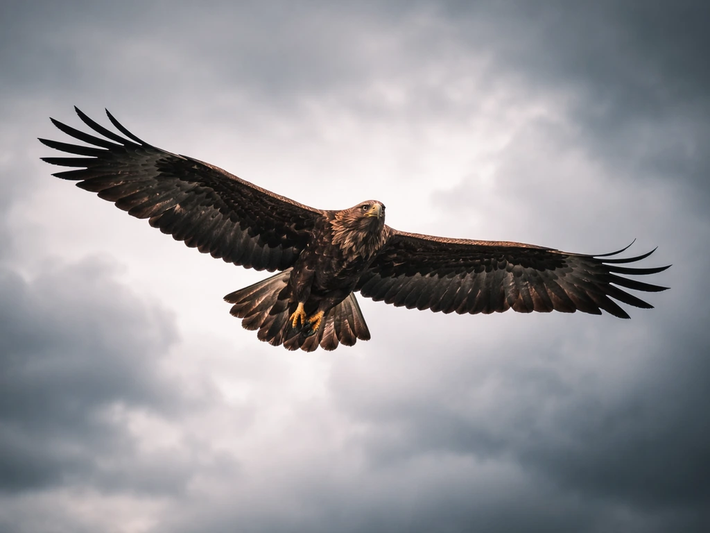Majestic raptor soaring against dramatic clouds, wings spread wide in a calm open sky.