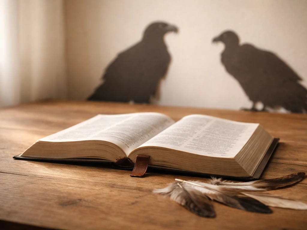 Open Bible on a wooden table with raptor silhouette cutouts and a few neutral feathers nearby.