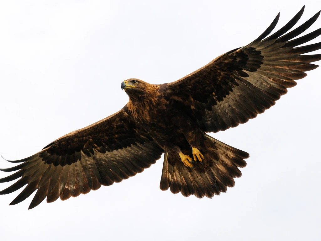 Golden eagle soaring close-up with sharp talons and wings spread against a bright sky