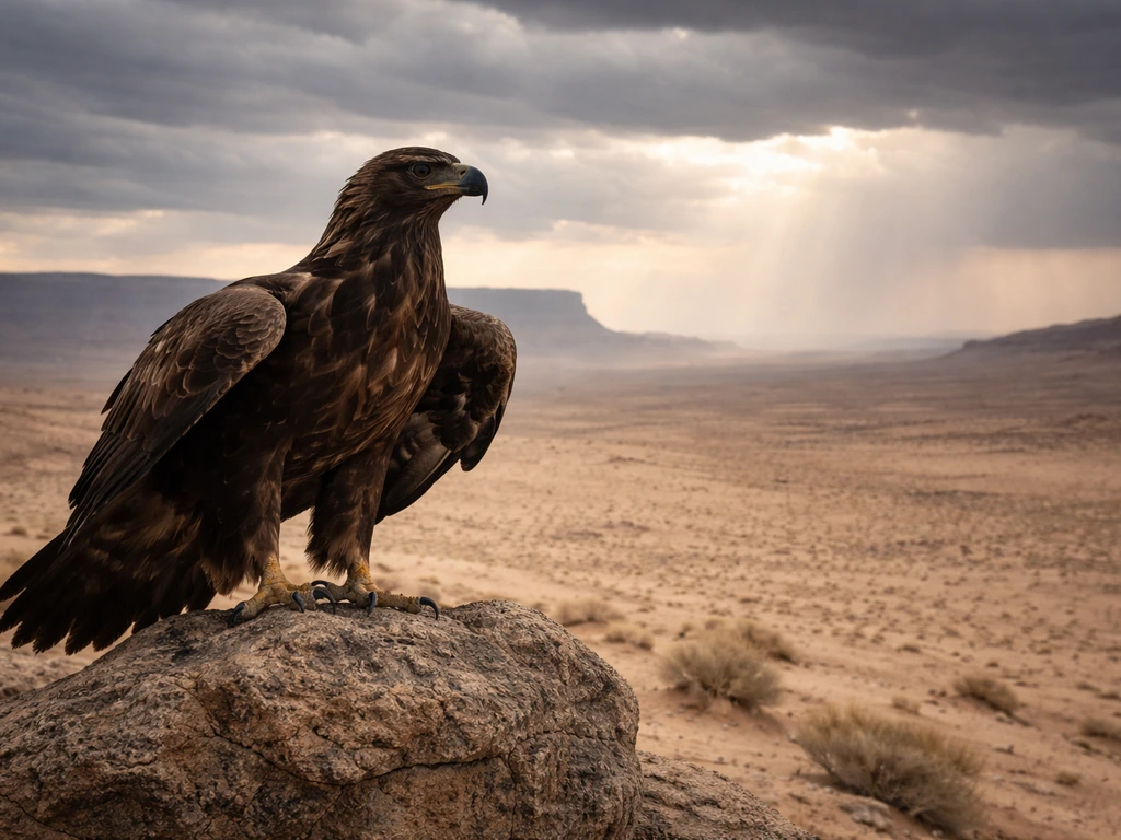 A raptor perched on a rock, hovering above a desert horizon with storm clouds in the distance.