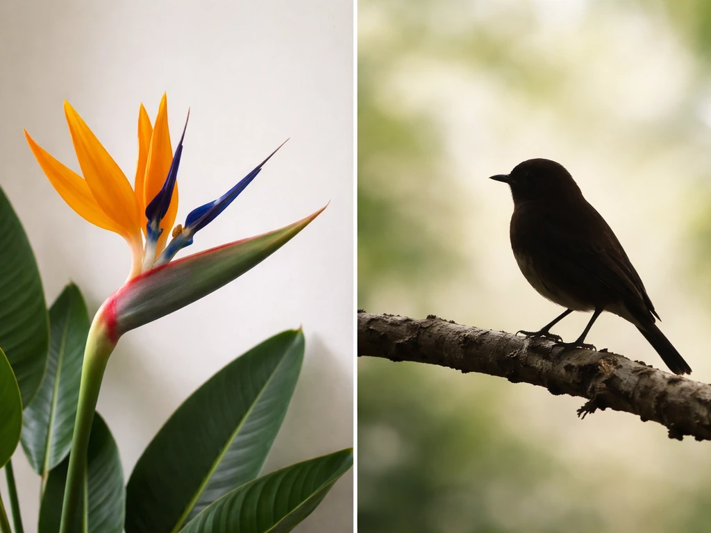Side-by-side photo of a Strelitzia reginae flower and a generic bird silhouette on a branch.