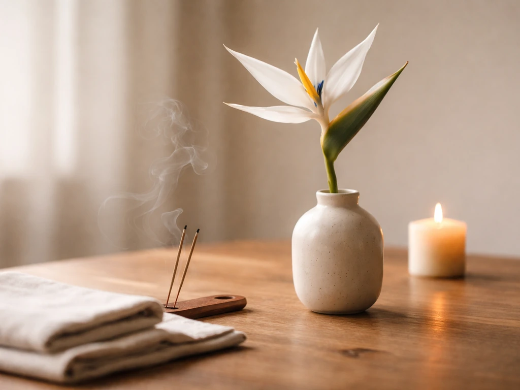White bird of paradise with a small candle and incense on a wooden table in soft natural light.