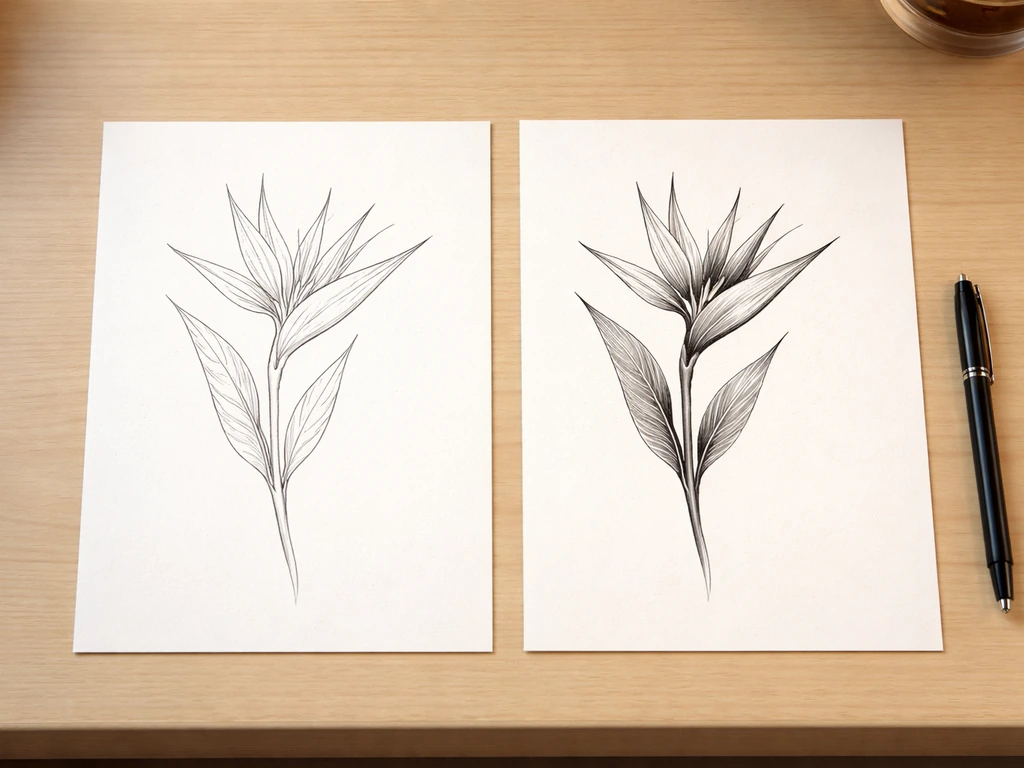 Two bird of paradise tattoo design sheets on a wooden desk, showing fine-line vs realistic styles.