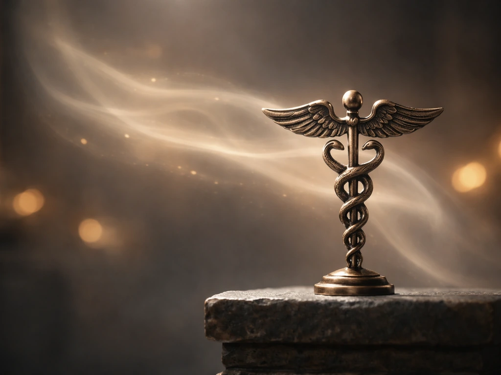 Minimal bronze caduceus with wing motifs and a soft light trail implying Hermes’ guidance and messages.
