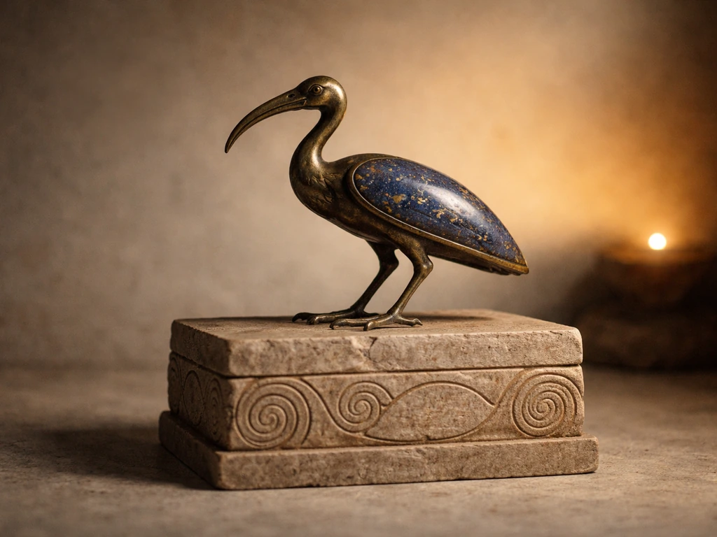 Close-up of a bronze ibis statue on a stone pedestal with subtle Hermetic-inspired motifs.
