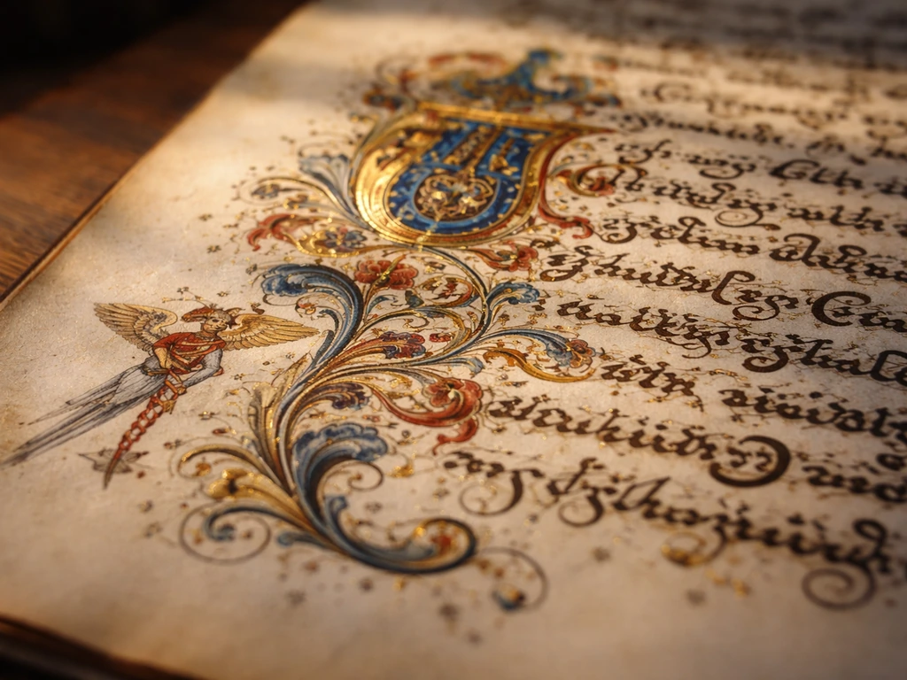 Close-up of an illuminated alchemical manuscript page with ornate calligraphy and a small bird symbol.