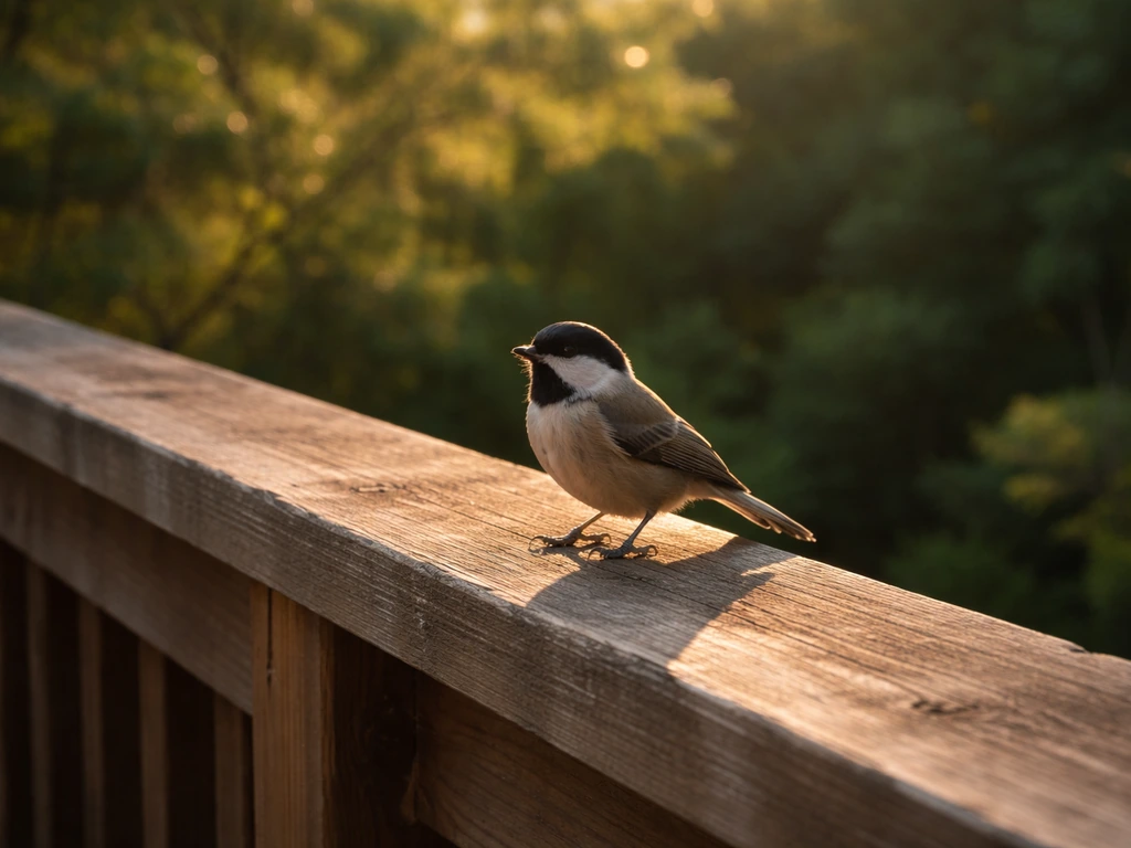 Small bird perched on a wooden railing with soft light and blurred trees in the background